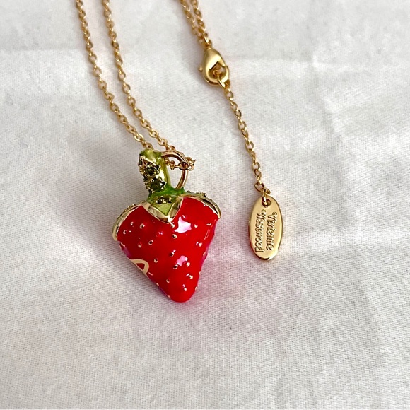 Strawberry Enamel Gold-Tone Pendant Necklace 👚 - Picture 2 of 5